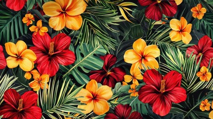 A colorful arrangement of hibiscus flowers in shades of red and yellow, set against dark green foliage, creating a tropical feel.