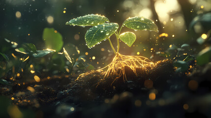 Fototapeta premium A tender seedling emerges from rich soil, its delicate roots visible through glass, backlit by soft morning light, with water droplets glistening on emerald leaves. Glistening Roots. Illustration