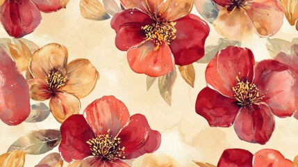 A beautiful watercolor illustration featuring a variety of blooming flowers in shades of red and yellow, creating an artistic and vibrant display.