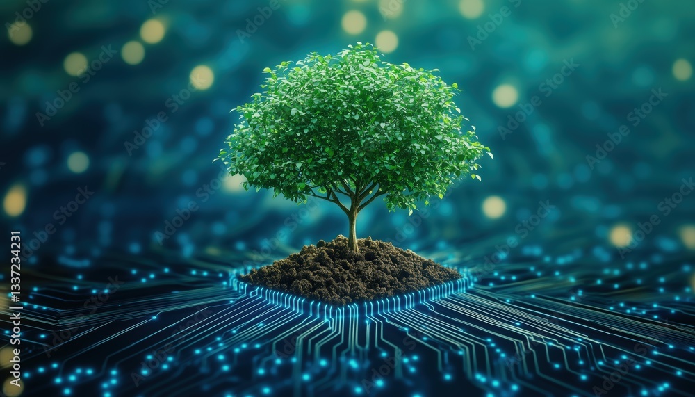 Aufkleber green computing: tree growing on converging computer circuit board with wireframe network and csr et