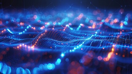 Fototapeta premium Abstract technology background, blue and red particles, waves, shallow depth of field. 3D render.