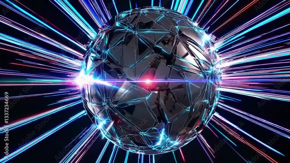 Poster colorful light trails emanating from a geometrically fractured sphere, creating a visual representat