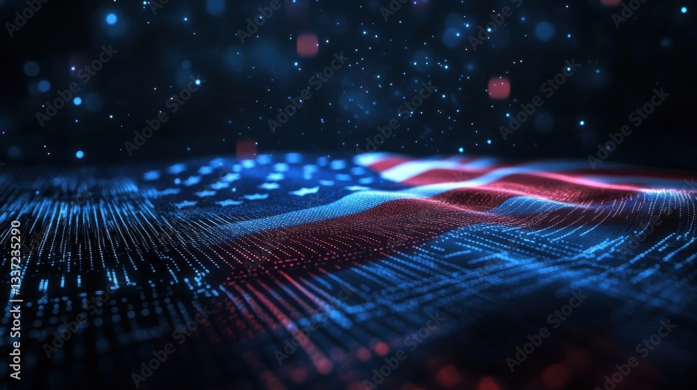 Poster digital american flag waves in a futuristic setting abstract art technology dark environment close-u