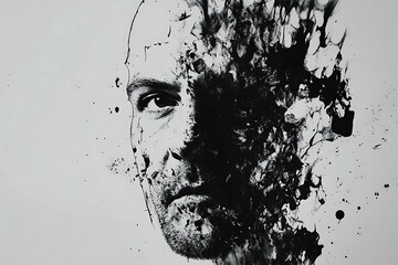 man's face, rorschach inkblot, abstract grunge background with ink splashes