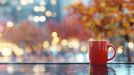 vibrant red cup sits on wet surface, steaming in rain, surrounded by colorful autumn leaves and blurred city lights
