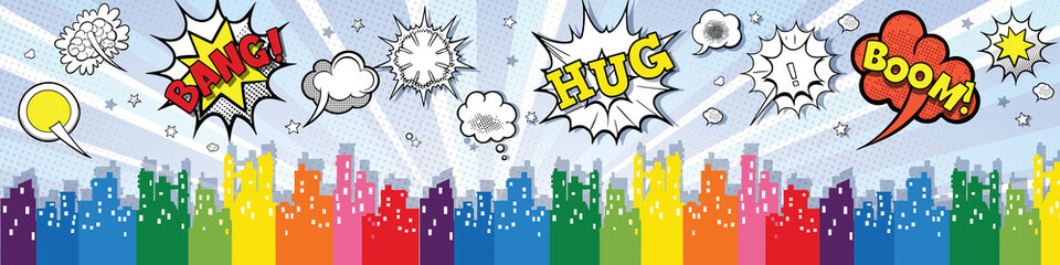 Colorful city skyline with comic book style speech bubbles © AlexZel