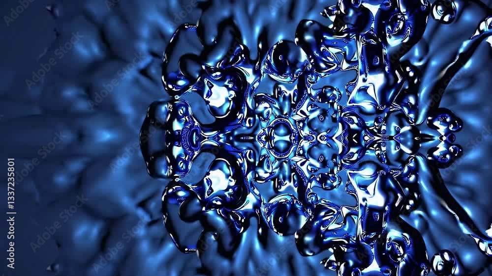Poster smooth, blue, metallic liquid forms a wonderful kaleidoscopic pattern, creating an abstract and visu