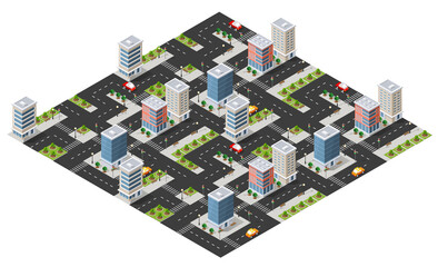 Isometric city view showcasing skyscrapers, roads, parks, and cars navigating the urban environment