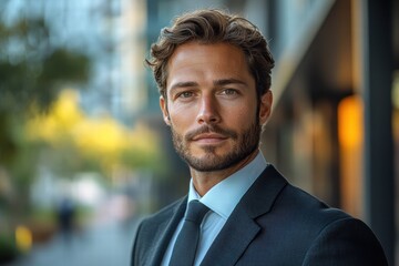 Fototapeta premium Businessman in a suit stands confidently outdoors in a modern urban setting