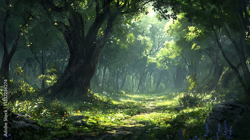 Poster a tranquil forest with a dense canopy of trees, dappled sunlight filtering through the leaves, and t