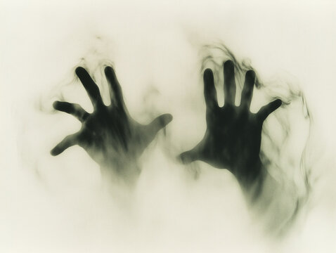 Blurry Black-and-White Photo of Hands Behind Foggy Glass - Unsettling Atmosphere of Depression and Alienation