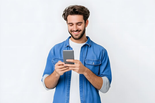 Happy caucasian young man using smart phone cellphone for call, social media, mobile application online isolated in white background - Powered by Adobe