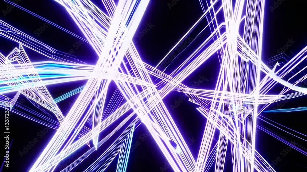 Poster intersecting glowing lines create dynamic and complex geometric shapes against a black background, f