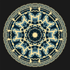 Multicolored mandala, round ornamental composition, decorative element or other. Design for bandana, neckerchief, tablecloth. Blue-beige-black palette. Vector illustration