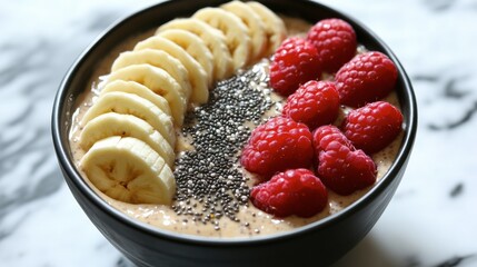 A bowl of overnight oats topped with fresh fruit, chia seeds, and almond butter, styled with a clean