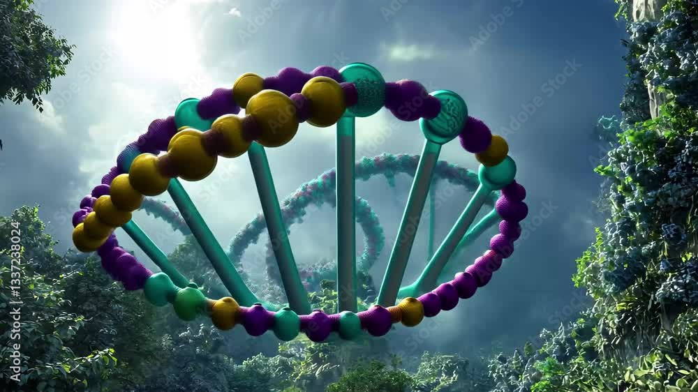Poster scientific data processing visualized through a colorful representation of a dna strand in a lush en