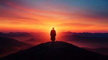 Silhouette of person atop mountain at sunrise