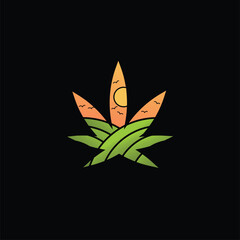 Organic marijuana leaf logo with scenic farmland and sun, perfect for cannabis brands, eco-friendly products, and wellness businesses.