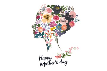 Naklejka premium Floral Graphic Woman Silhouette on White Background with Happy Mother's Day Text.