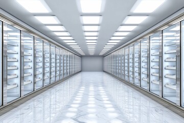 Modern, bright walk-in cooler with glass-door refrigerators