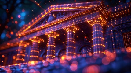 Fototapeta premium Classical Pillars and Facade Of Building, Bank, Courthouse in Digital Network Glowing Particles