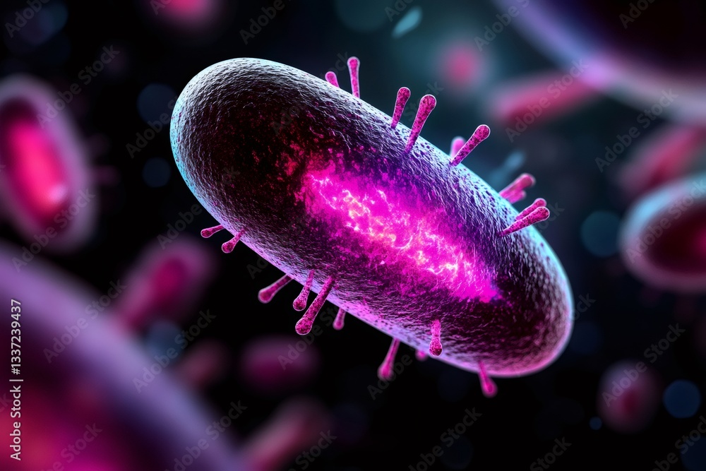Poster Microscopic view of bacteria showing glowing core and external pili