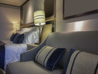 Luxurious balcony or veranda patio cabin stateroom on luxury ocean liner cruiseship or cruise ship...