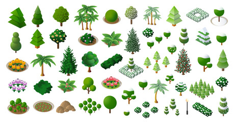 Collection of isometric trees and plants for landscaping and garden design