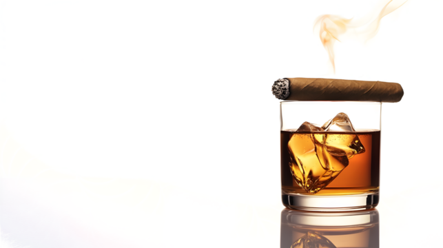 A glass of liquor with a cigar on top of it