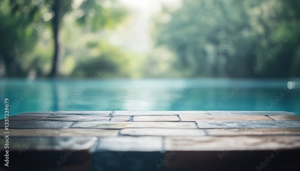Poster abstract blurred swimming pool on a stone board empty table: a creative and surreal image capturing 