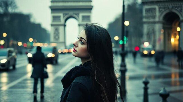 Woman strolls along Champs Elysees with Arc de Triomphe in the background during a rainy evening, Attractive woman walking along the Champs Elysees towards the Arc de Triomphe in Paris