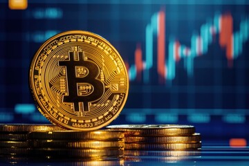 Graphic layout showcasing Bitcoin with market trend background for advertising purposes