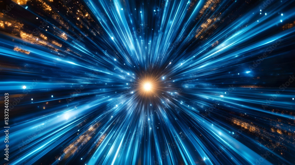 Poster dynamic image of blue light streaks radiating from a central point creating an impression of high-sp