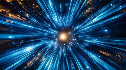 Fototapeta premium Dynamic image of blue light streaks radiating from a central point creating an impression of high-speed movement or hyperspace travel