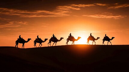 Camel caravan crossing desert dunes at sunset with orange sky