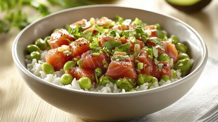 A fresh tuna poke bowl with edamame, avocado, and rice, styled with a modern Hawaiian-inspired look