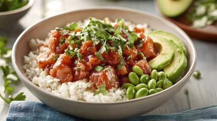 A fresh tuna poke bowl with edamame, avocado, and rice, styled with a modern Hawaiian-inspired look