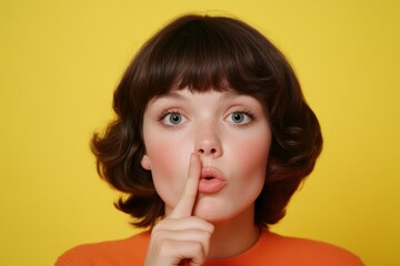 Fototapeta premium Hush Secrets - Mysterious Woman with Playful Expression Making Shushing Gesture on Vibrant Yellow Background