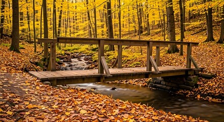 A rustic wooden bridge over a forest stream, surrounded by golden fall foliage at dusk, Ai Generated