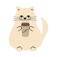 Nice funny fat cat with paper cup of coffee on white background vector illustration 