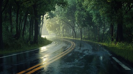 Obraz premium A wet road reflecting soft light after heavy rain has passed.