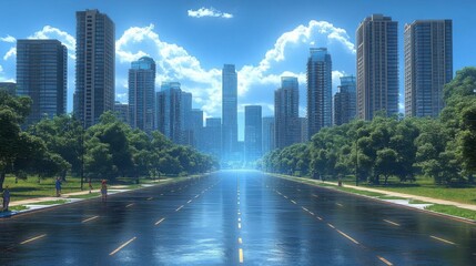 Urban Skyline: Cityscape Road After Rain