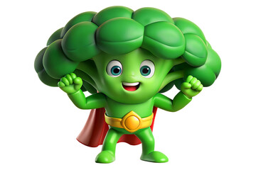 Obraz premium A powerful green broccoli superhero flexing muscles, wearing a red cape, symbolizing health, strength, and nutrition in an animated style, 3d