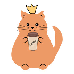 Nice funny fat cat with paper cup of coffee on white background vector illustration 