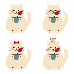 Nice cute cat with a flower on white background vector illustration 