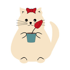 Nice cute cat with a flower on white background vector illustration 