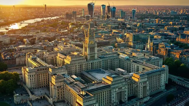 Stunning aerial sunset view over London showcasing cityscape and historic architecture, Aerial sunset view MI6 Building and London cityscape