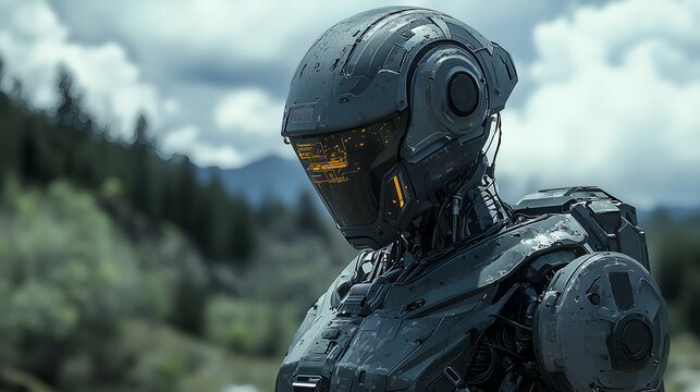 Futuristic Cybernetic Robot Portrait: Advanced Artificial Intelligence Technology in a Sci-Fi Outdoor Setting