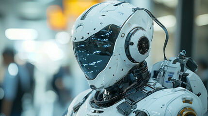 Fototapeta premium Futuristic Human-Like Robot in Metallic Helmet - Advanced Cybernetics and Artificial Intelligence Design