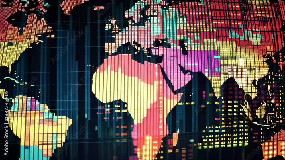 Poster financial data processing visualized on a global world map with vibrant colors, financial data proce